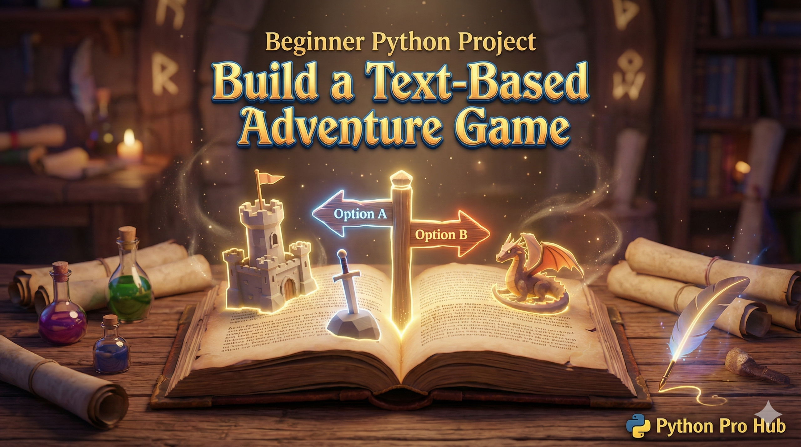 3D illustration of a fantasy adventure world emerging from an open book with decision signposts.