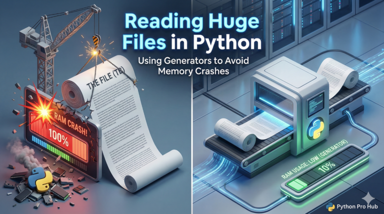 3D visualization comparing a crashing crane lifting a huge file versus a smooth machine processing it line-by-line using Python generators.