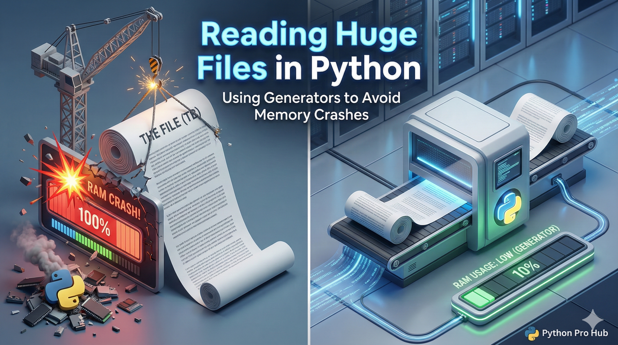 3D visualization comparing a crashing crane lifting a huge file versus a smooth machine processing it line-by-line using Python generators.