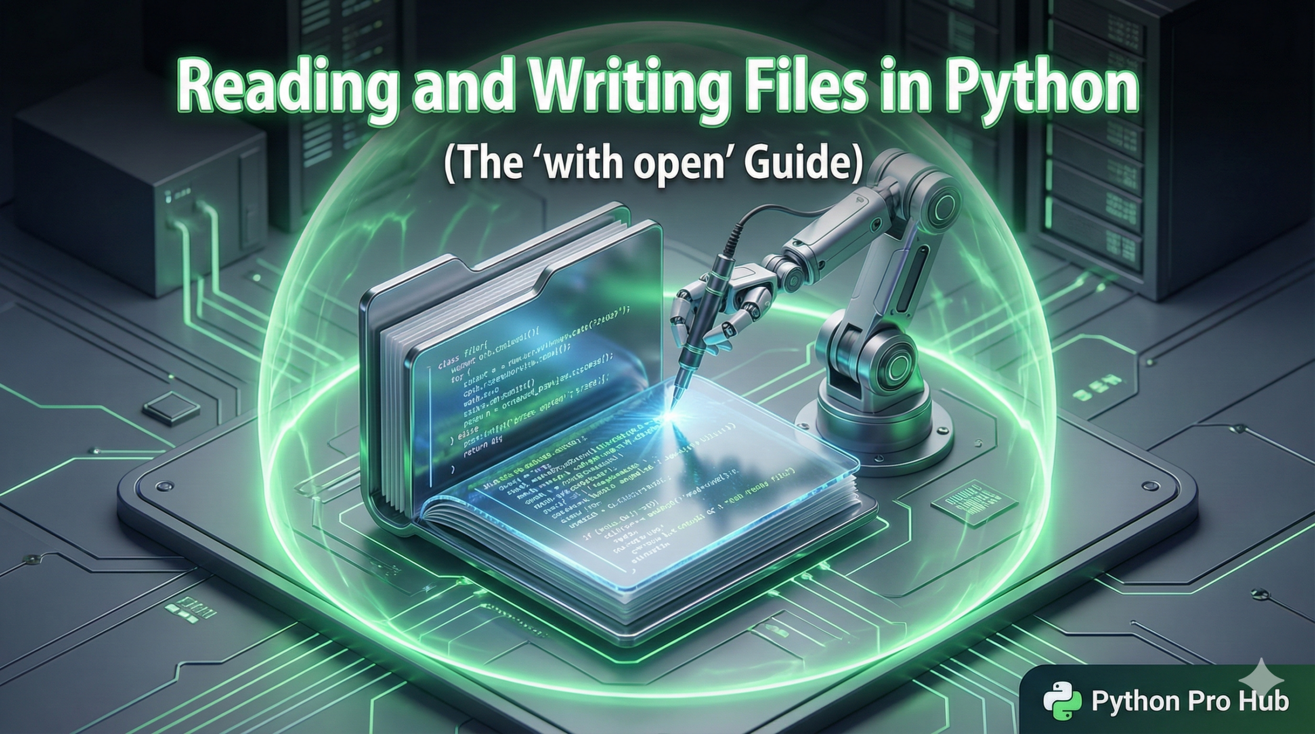 3D visualization of a robotic arm writing to a file inside a protective bubble, representing Python's 'with open' context manager.