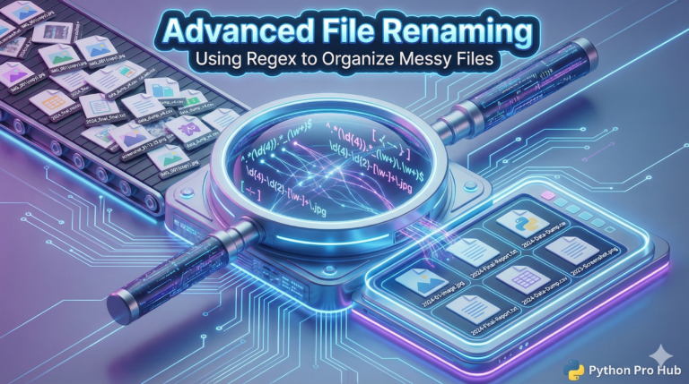 3D isometric illustration of a Regex lens scanning messy file names and converting them into organized formats.