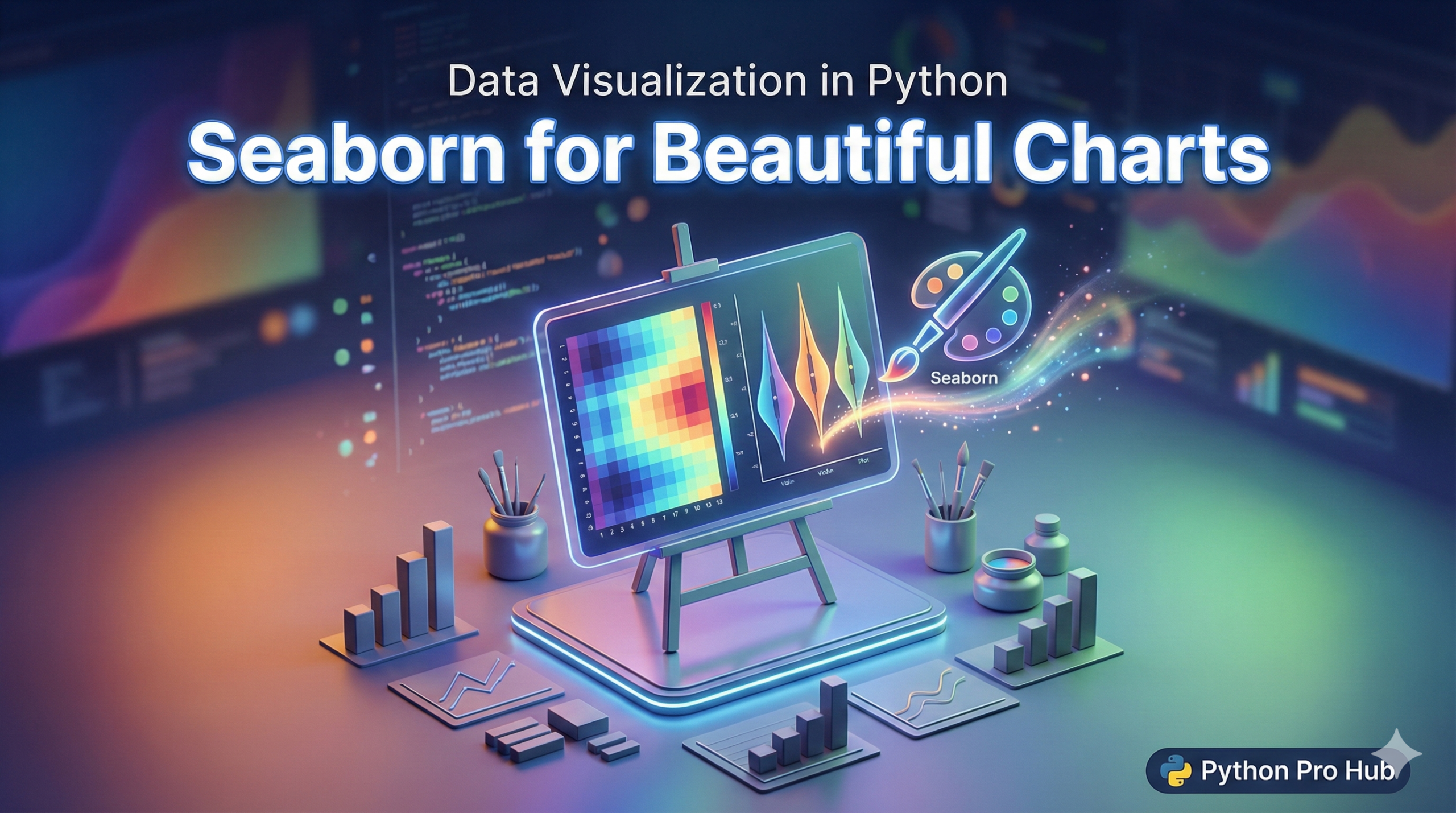 3D isometric illustration of a dull chart transforming into a vibrant Seaborn heatmap and violin plot.