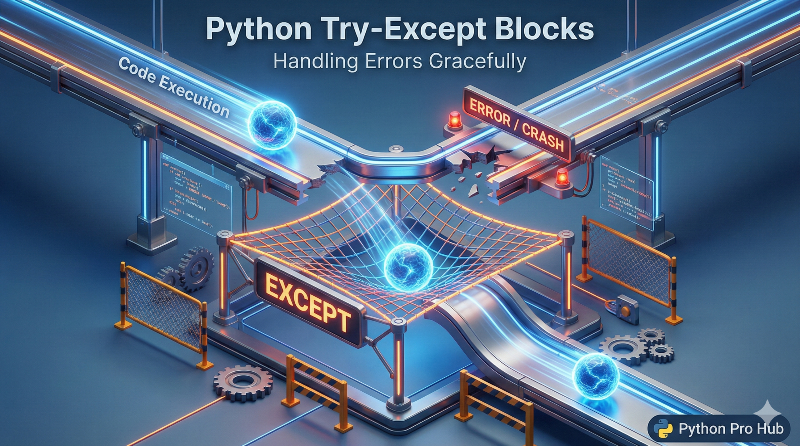 3D visualization of a safety net catching a falling ball, representing Python try-except blocks handling errors.
