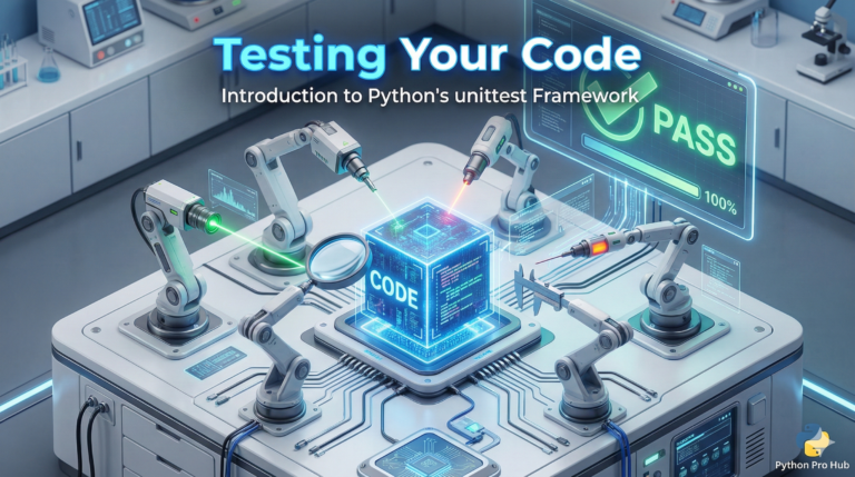 3D isometric illustration of robotic arms inspecting a code block in a lab, representing Python unittest guide.