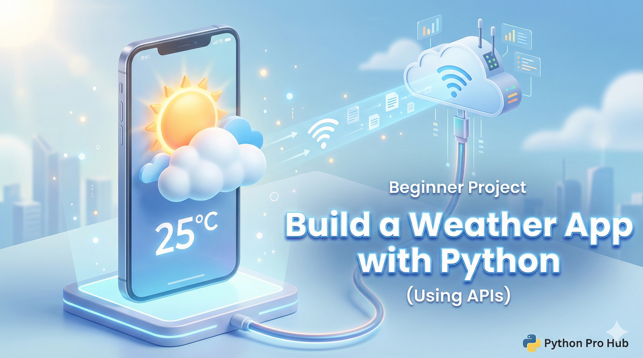 3D isometric smartphone showing a weather forecast connected to a cloud server API for a Python project.