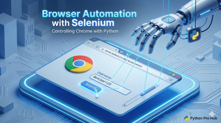 3D isometric illustration of a robot puppeteer controlling a Google Chrome browser window, representing Selenium automation.