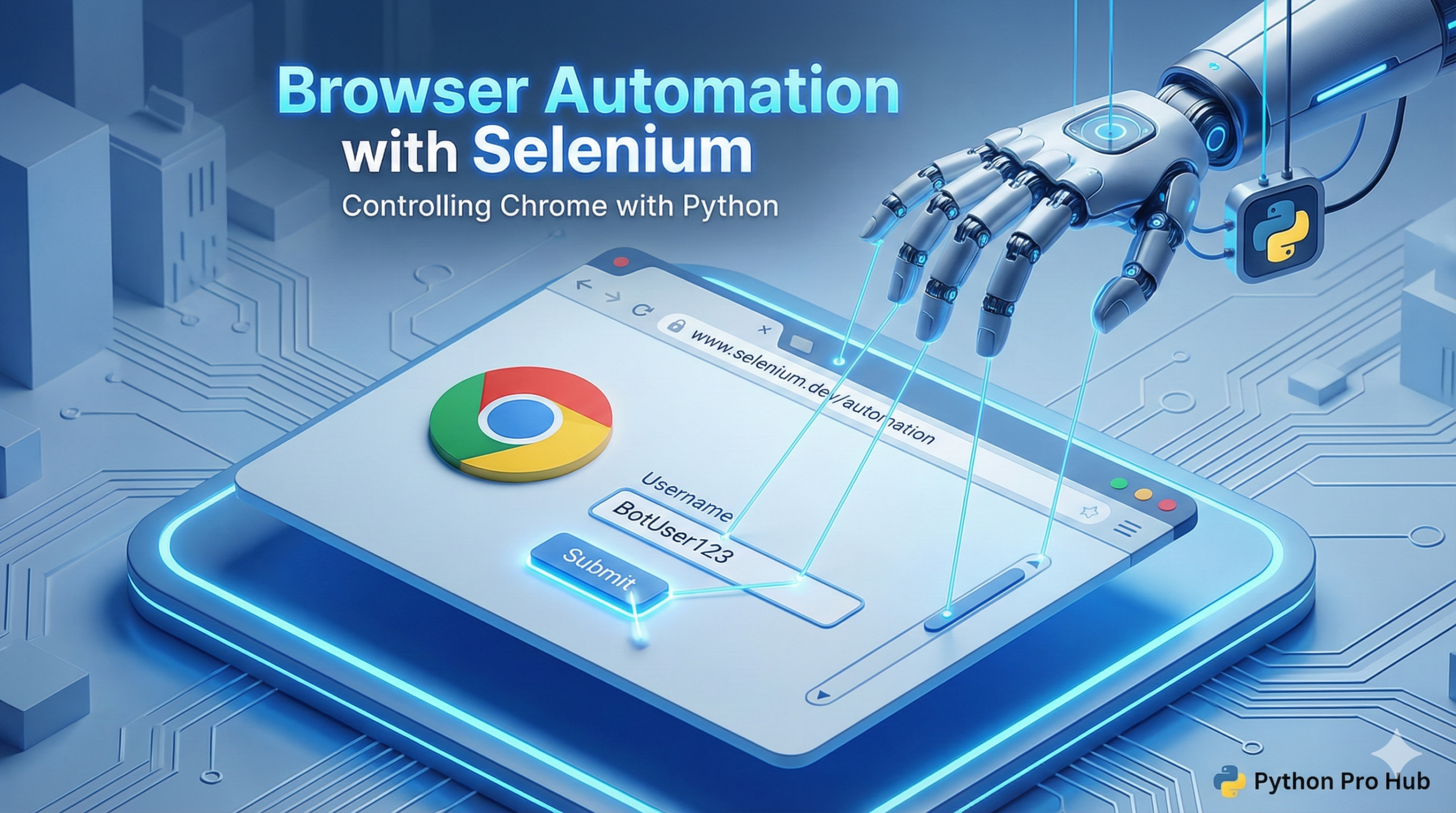 3D isometric illustration of a robot puppeteer controlling a Google Chrome browser window, representing Selenium automation.