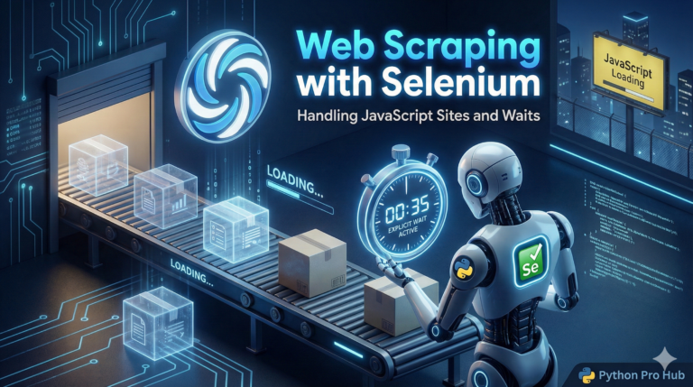 3D isometric illustration of a robot waiting for data packages to load, representing Selenium waits for JavaScript.