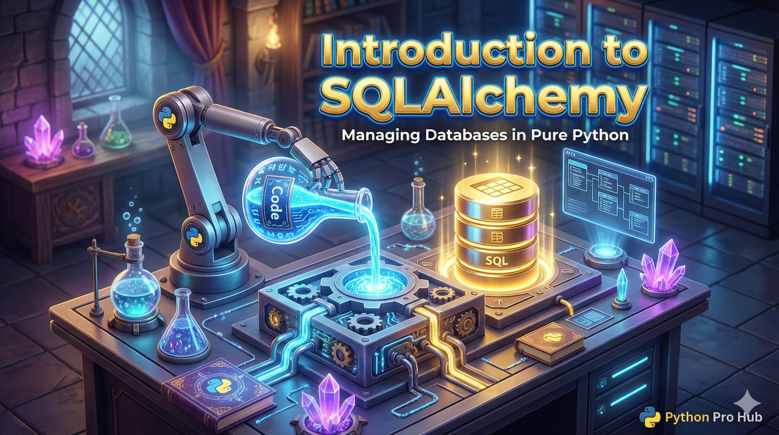 3D isometric illustration of code transforming into database tables on an alchemist's table, representing SQLAlchemy.