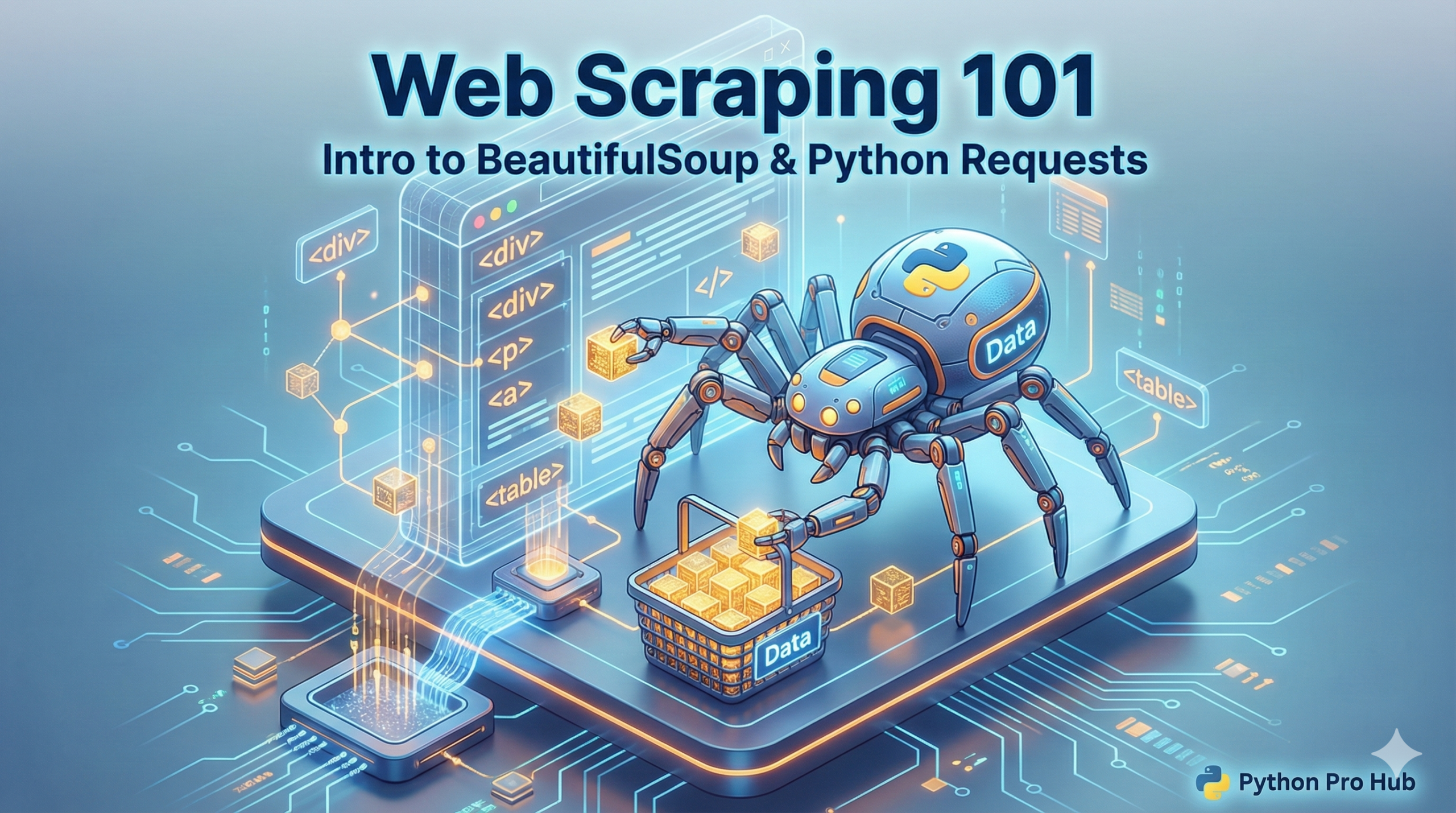 3D isometric illustration of a robotic spider harvesting data cubes from a website structure, representing web scraping with Python.