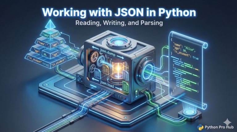 3D isometric illustration of a machine converting Python objects into JSON text files, representing serialization and parsing.