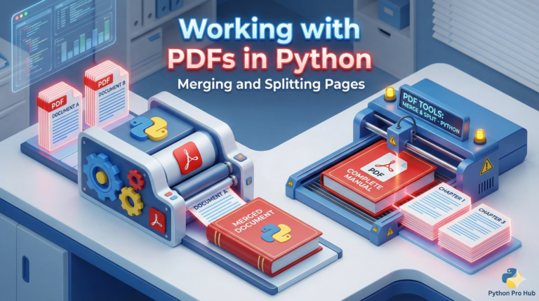 3D isometric visualization of a machine merging loose PDF pages into a book and splitting a book into pages using Python.