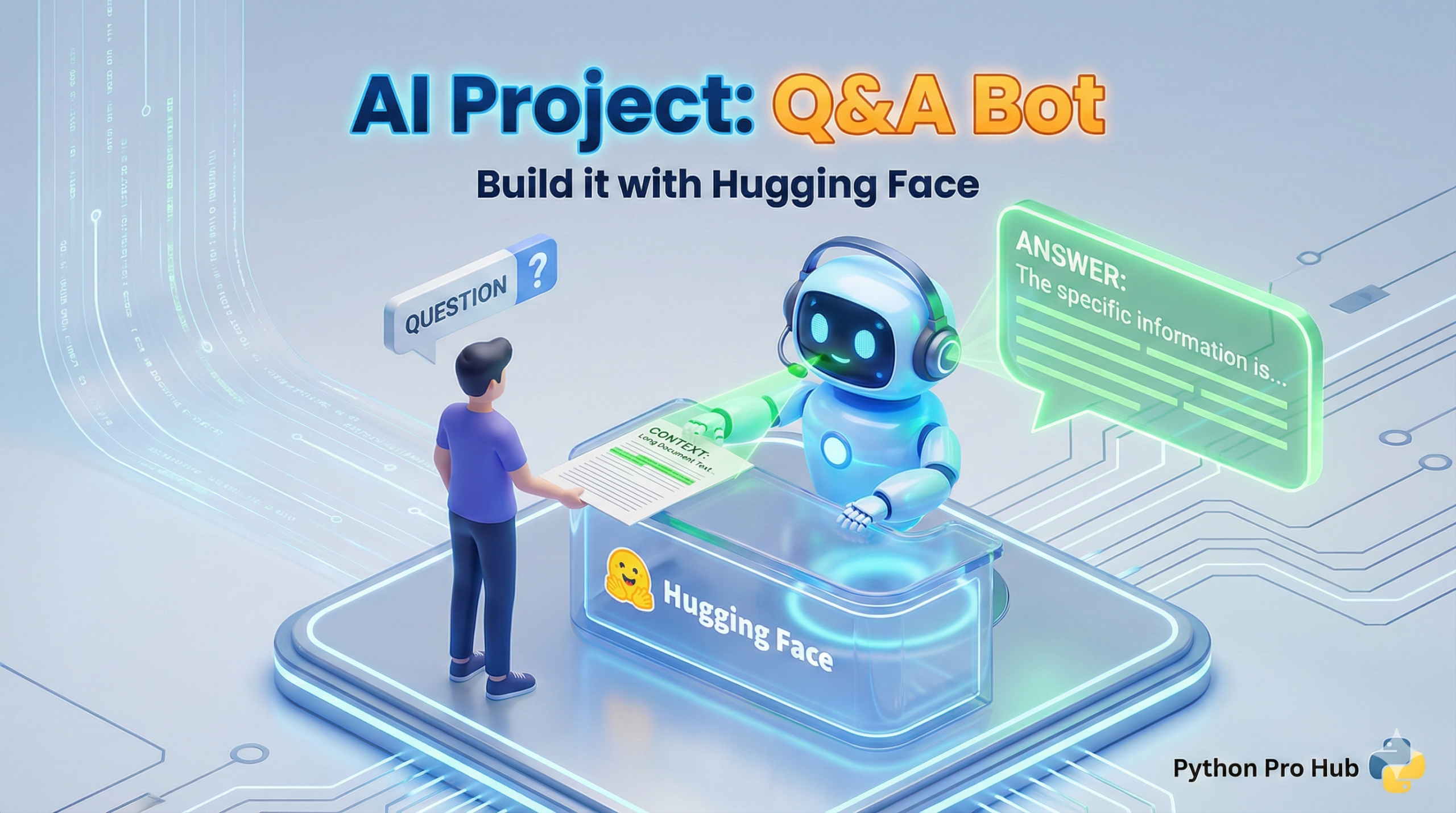 3D isometric illustration of an AI robot highlighting an answer within a document for a user.