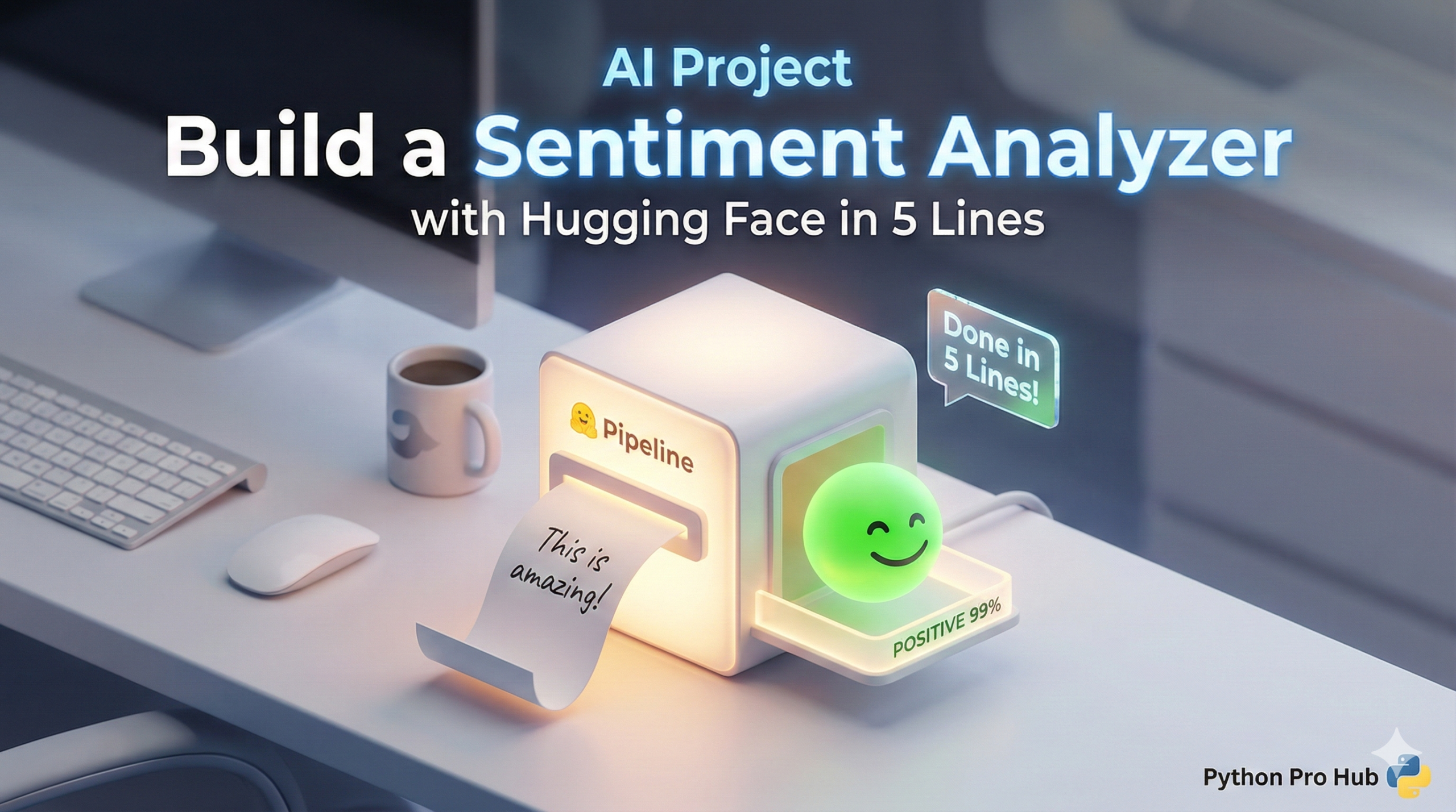 3D illustration of a Hugging Face device instantly converting text input into a positive sentiment smiley face output.