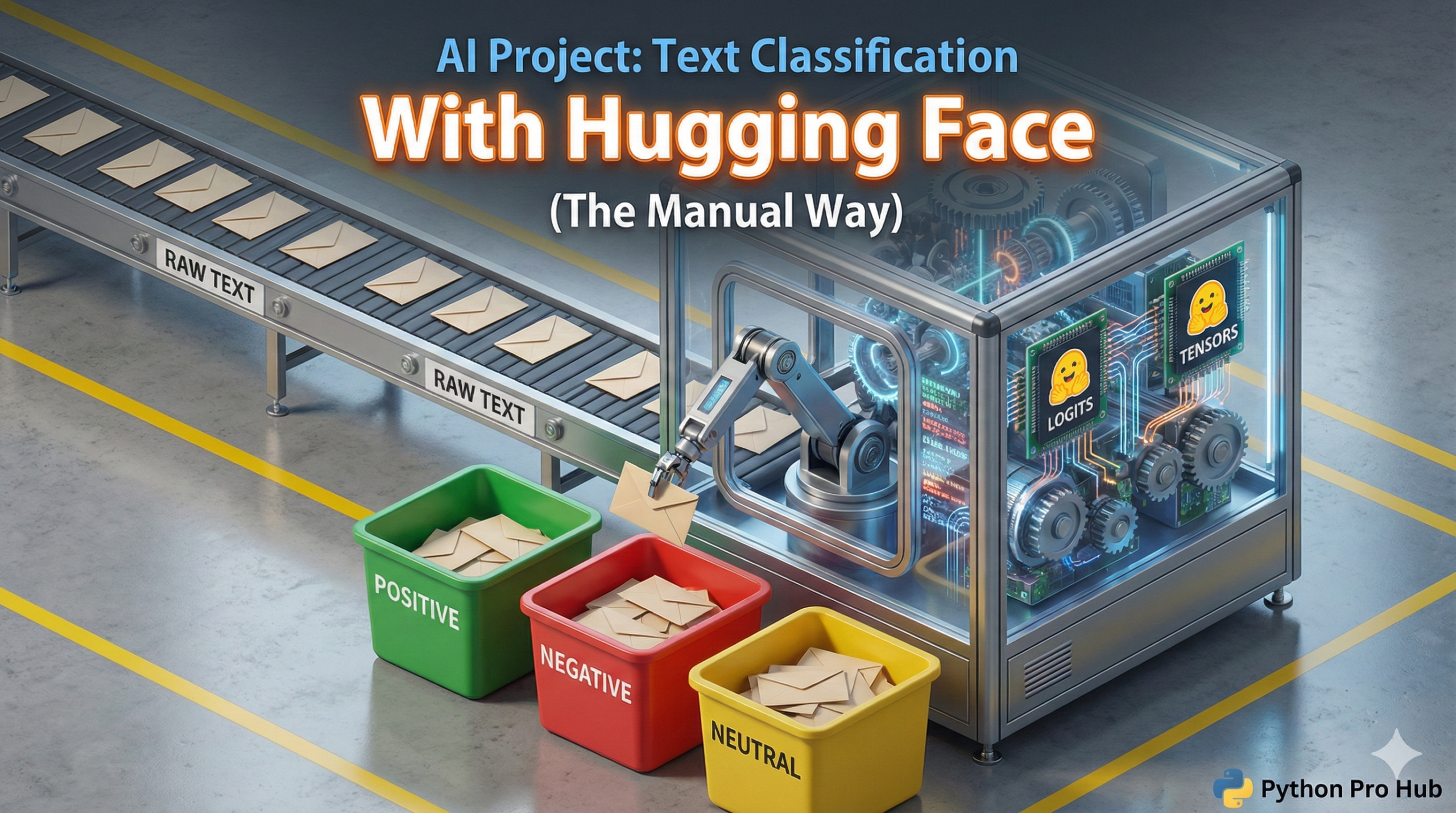 3D visualization of a robot sorting envelopes into labeled bins, representing manual text classification with Hugging Face.