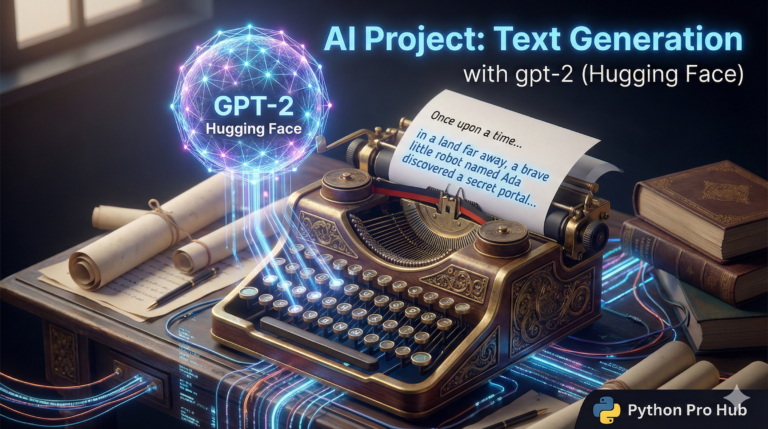 3D isometric illustration of a typewriter being operated by a glowing AI brain, representing text generation with GPT-2.