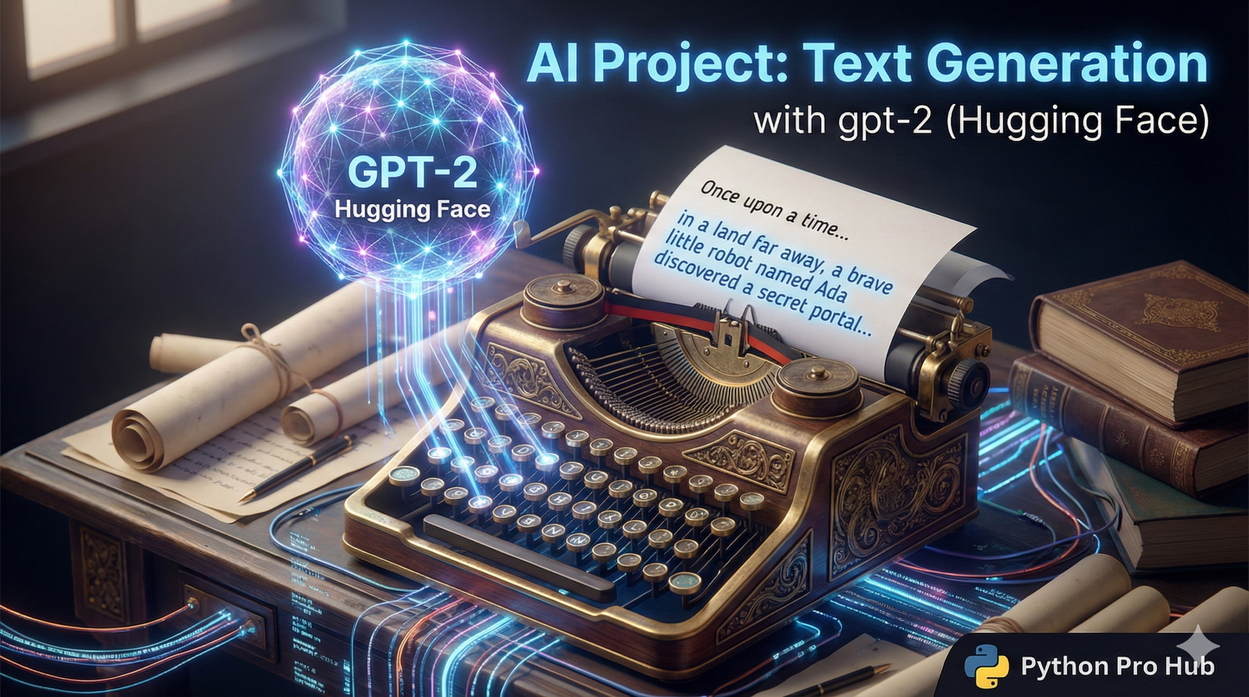 3D isometric illustration of a typewriter being operated by a glowing AI brain, representing text generation with GPT-2.