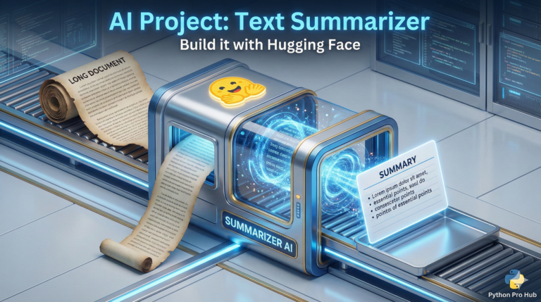 3D isometric illustration of a thick book being processed into a short Hugging Face Text Summarizer note by an AI machine.