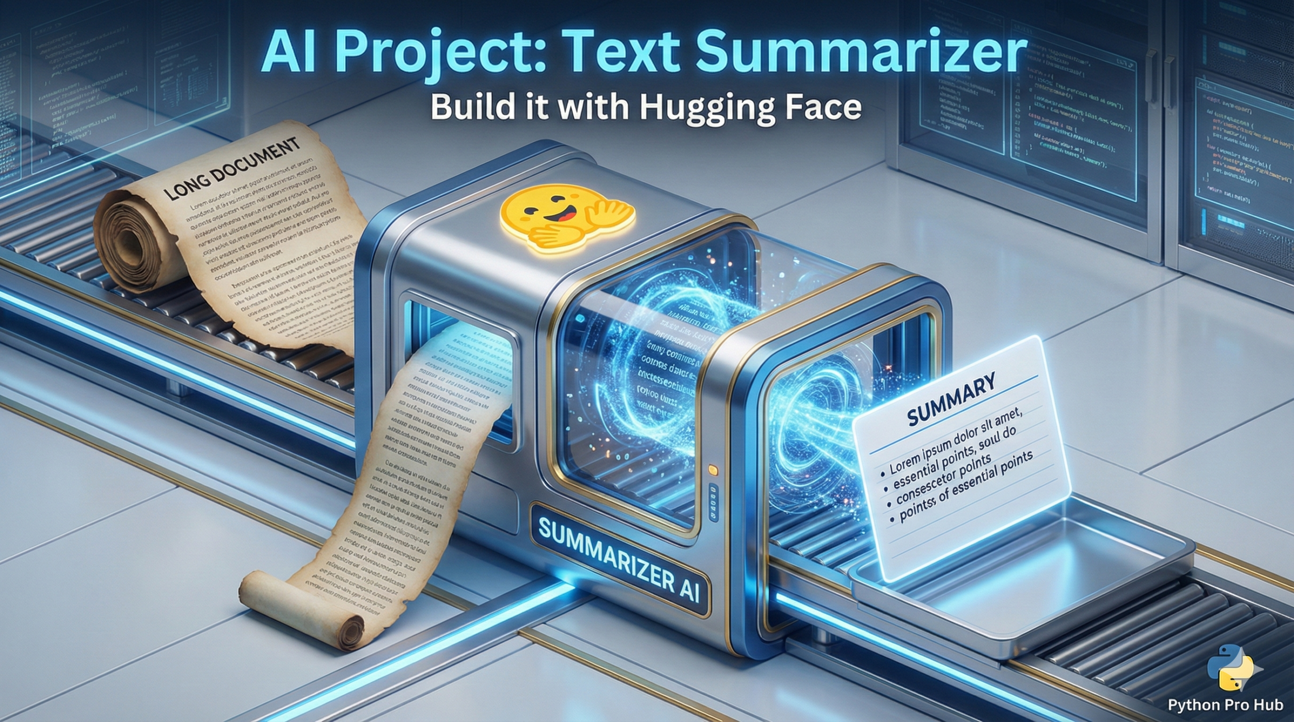 3D isometric illustration of a thick book being processed into a short Hugging Face Text Summarizer note by an AI machine.