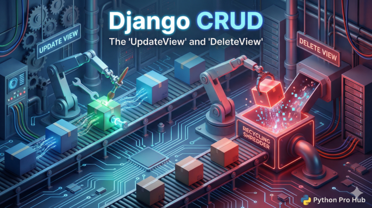 3D isometric visualization of a robot repairing a record and another deleting a record, representing Django UpdateView and DeleteView.