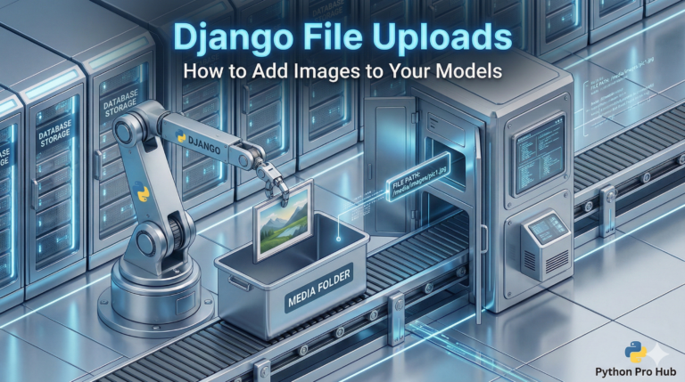 3D visualization of a robot storing an image Django File Uploads in a media bin and a reference tag in a database locker.