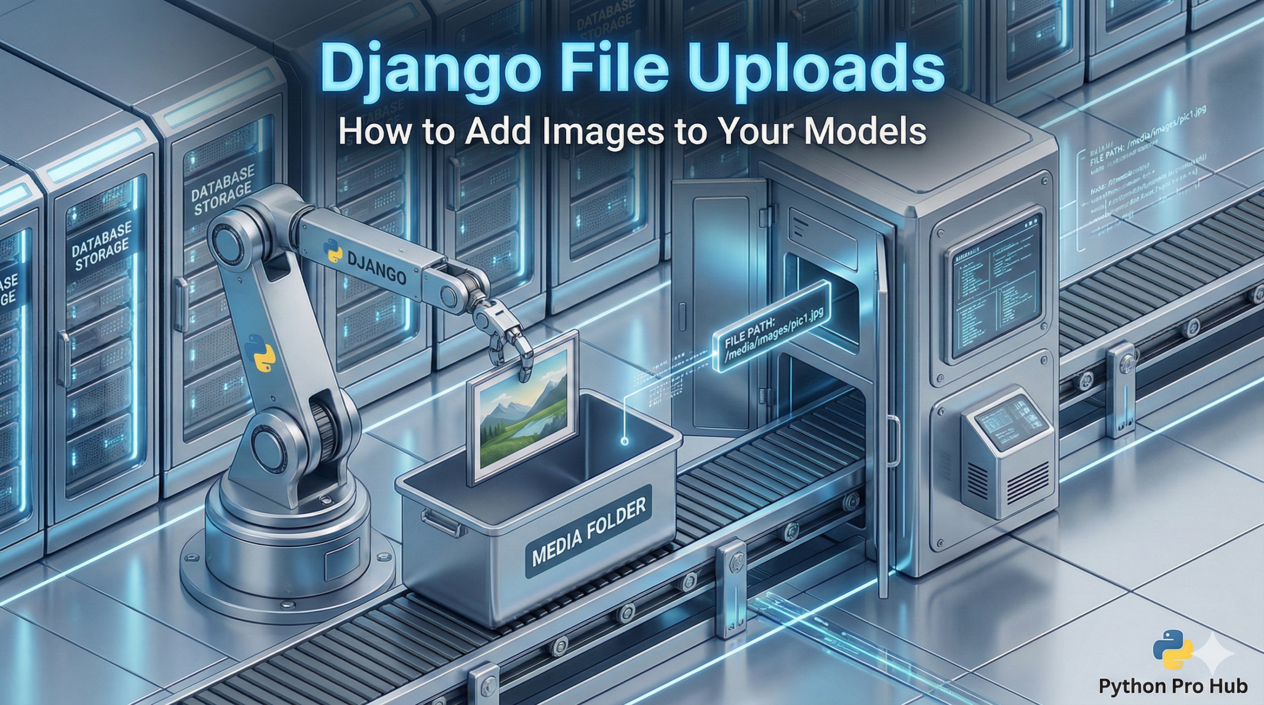3D visualization of a robot storing an image Django File Uploads in a media bin and a reference tag in a database locker.