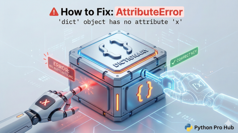 3D illustration of a robot trying to press a button on a dictionary box instead of using a key, representing the dict attribute error.
