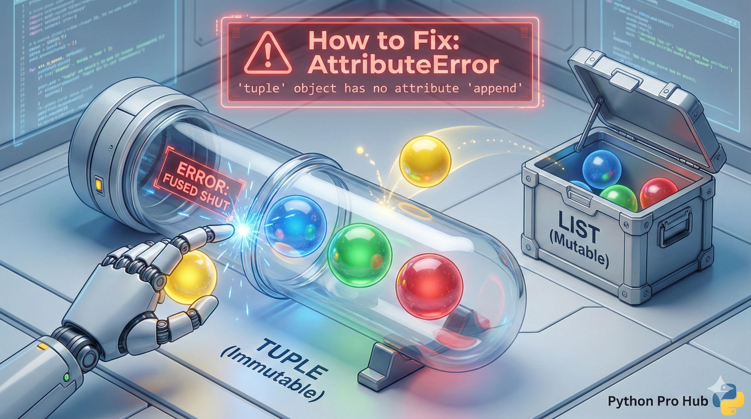 3D illustration of a robot trying to push a ball into a sealed glass tube, representing the tuple attribute error.