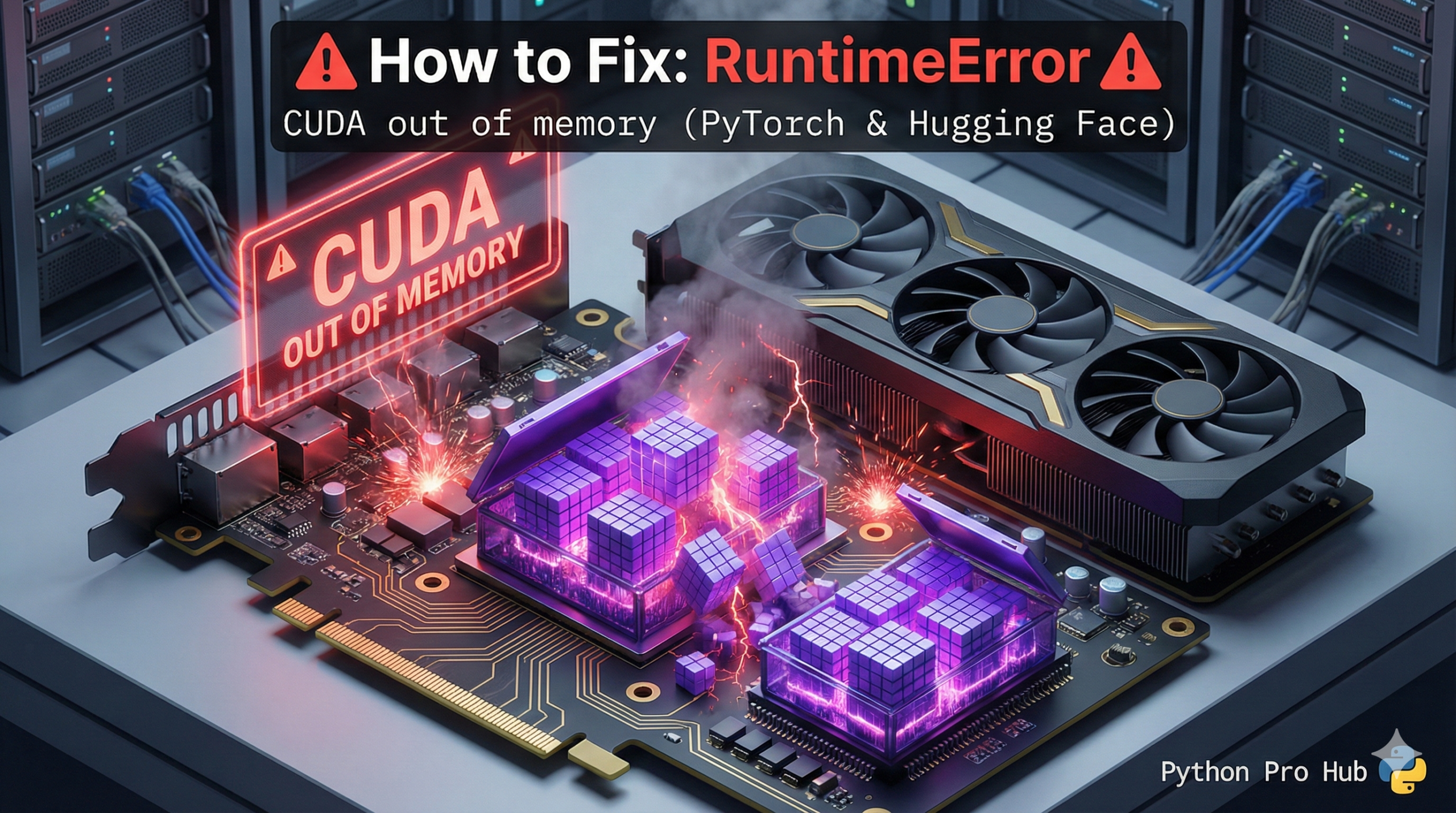 3D illustration of a GPU graphics card's memory chips overflowing with data blocks, causing sparks and a CUDA error.