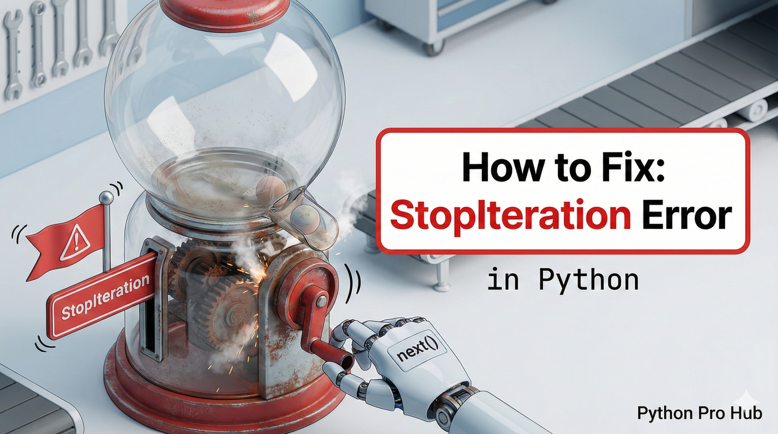 3D illustration of an empty gumball machine flagging an error when the crank is turned, representing StopIteration.