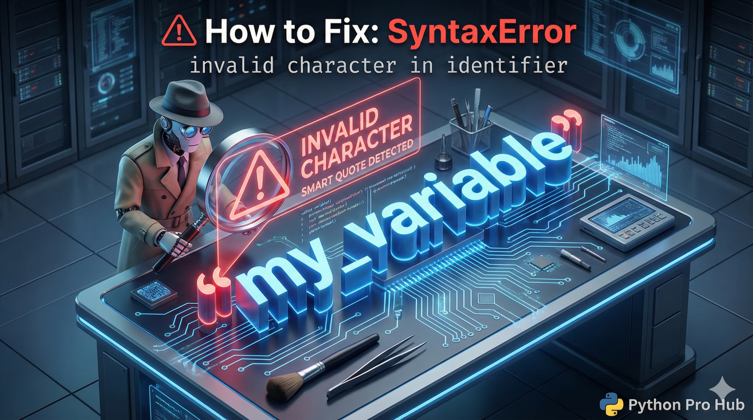 3D illustration of a magnifying glass finding a 'smart quote' in code, representing the invalid character in identifier error.