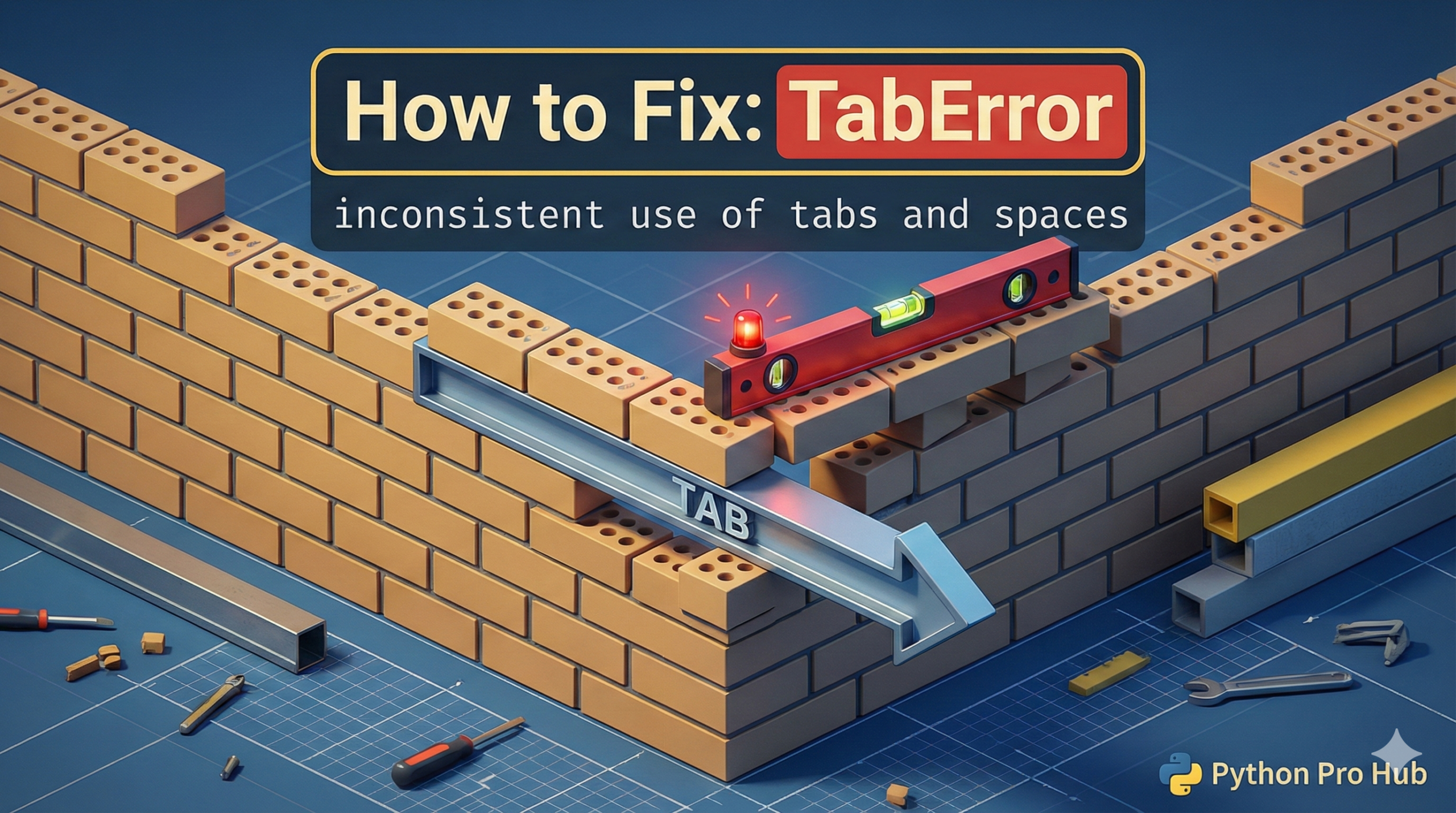 3D illustration of a wall built with mismatched bricks (dots vs arrows), representing the TabError inconsistent indentation.