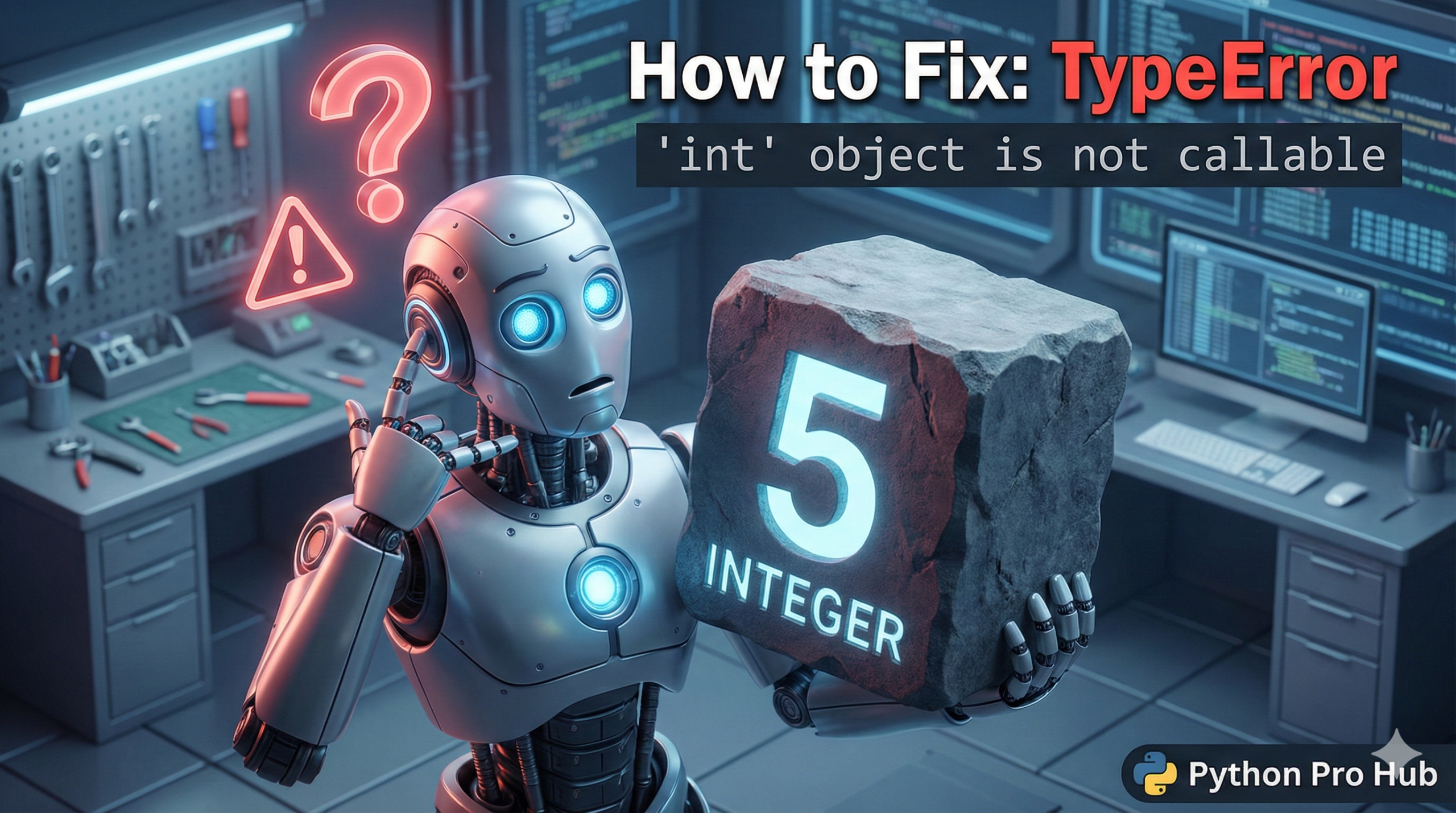 3D illustration of a robot trying to use a number block as a telephone, representing the 'int object is not callable' error.