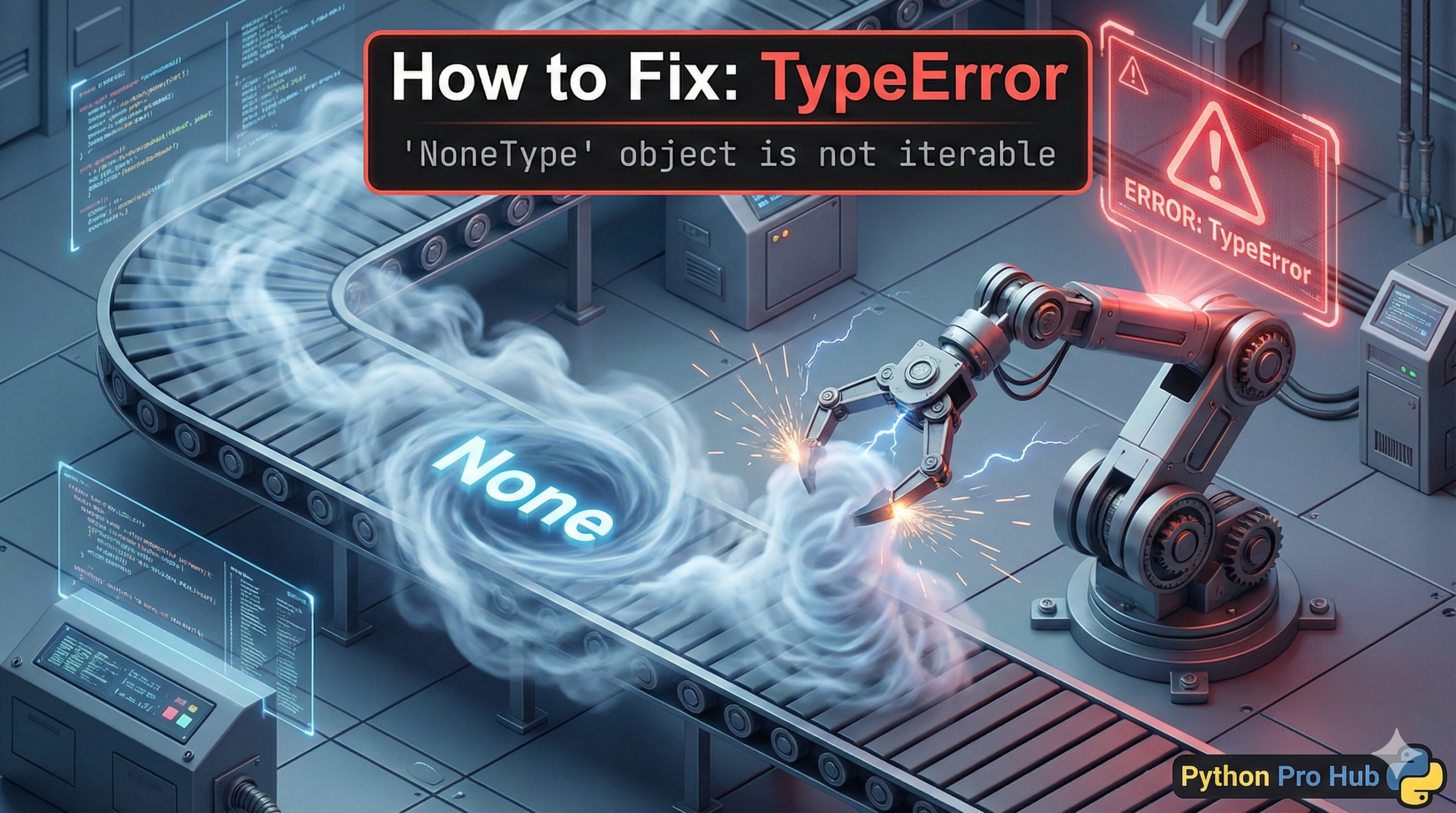 3D illustration of a mechanical arm trying to grab items from a ghostly, non-existent conveyor belt, representing the NoneType not iterable error.
