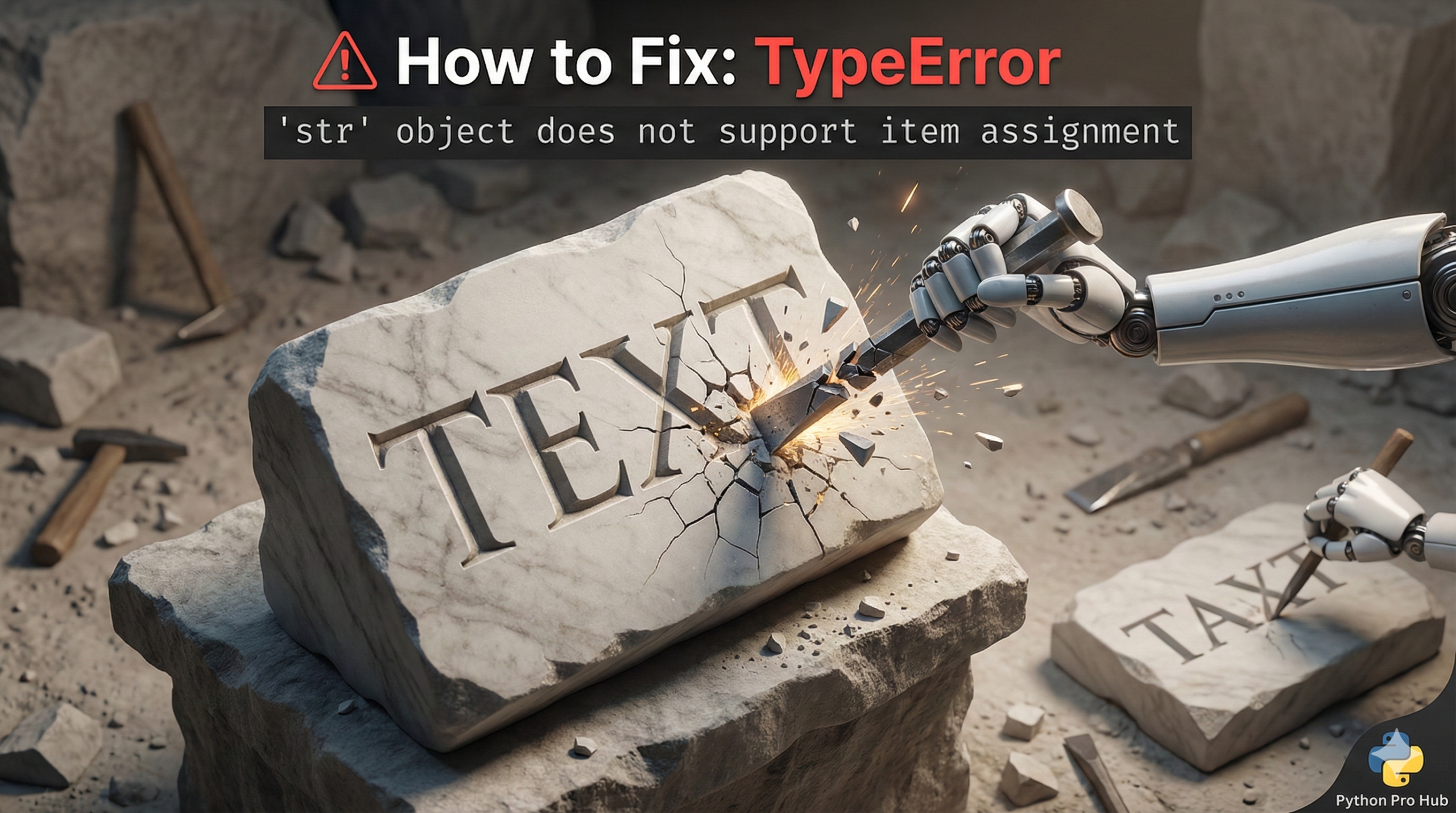 3D illustration of a chisel breaking against an engraved stone text, representing the string item assignment error.