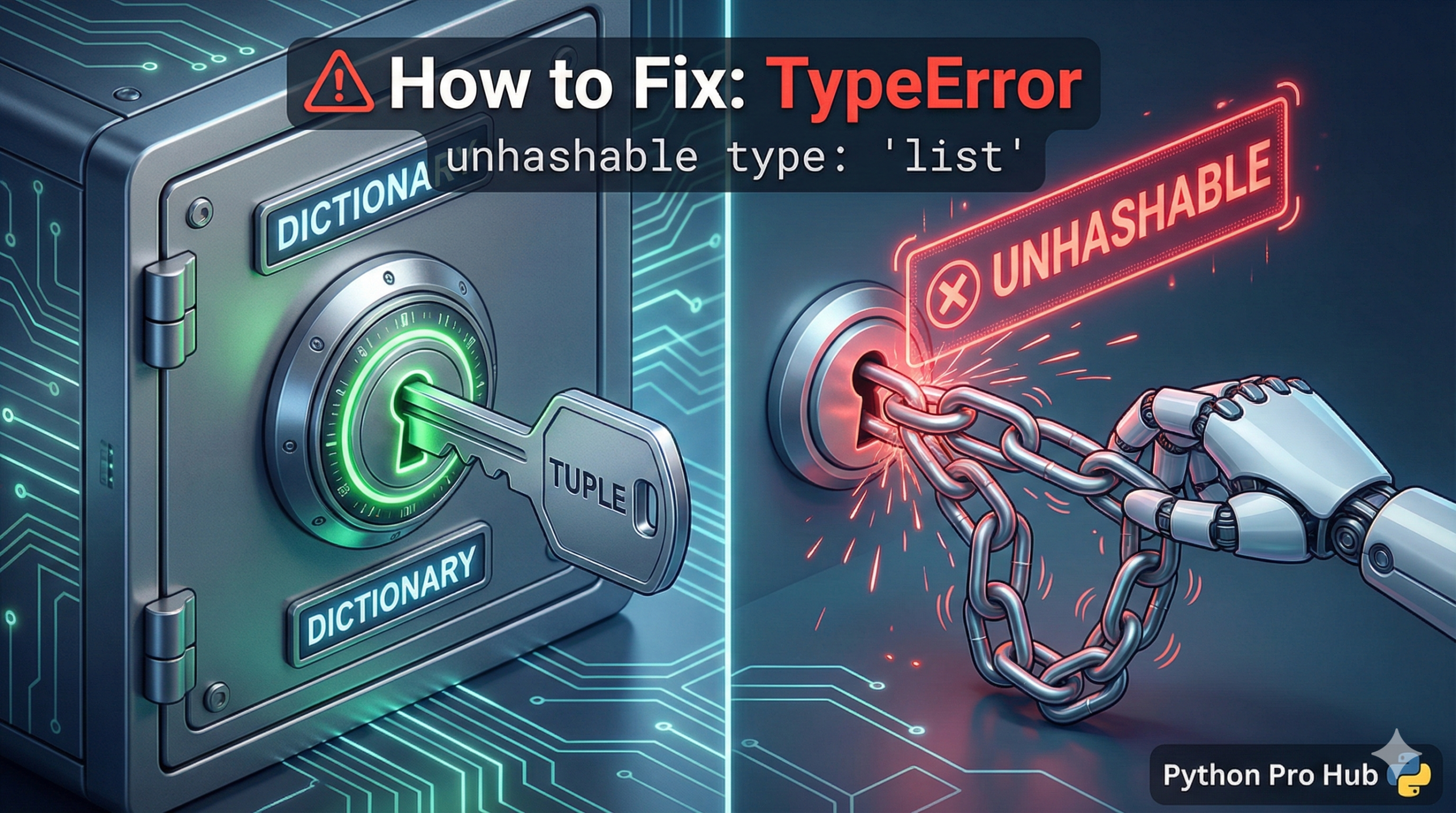 3D illustration of trying to use a flexible chain as a key for a lock, representing the unhashable type list error.
