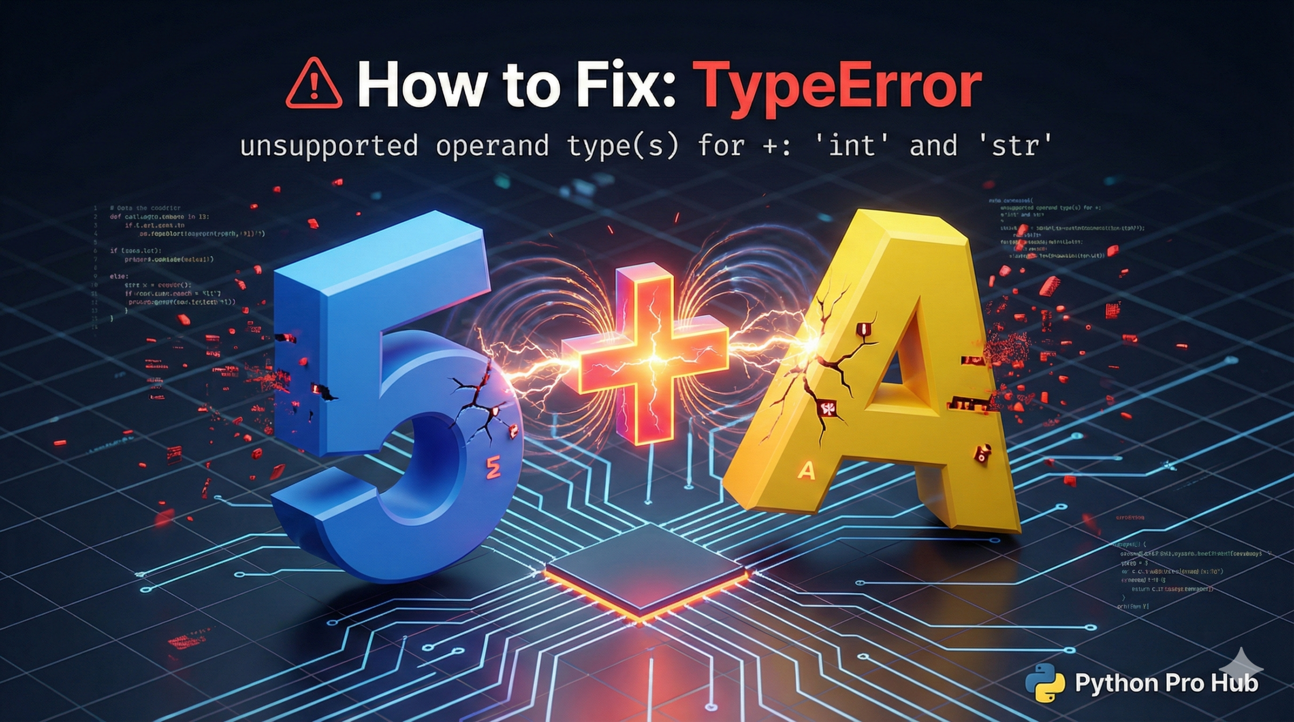 3D visualization of a plus sign failing to connect a number and a letter, representing the unsupported operand type TypeError.