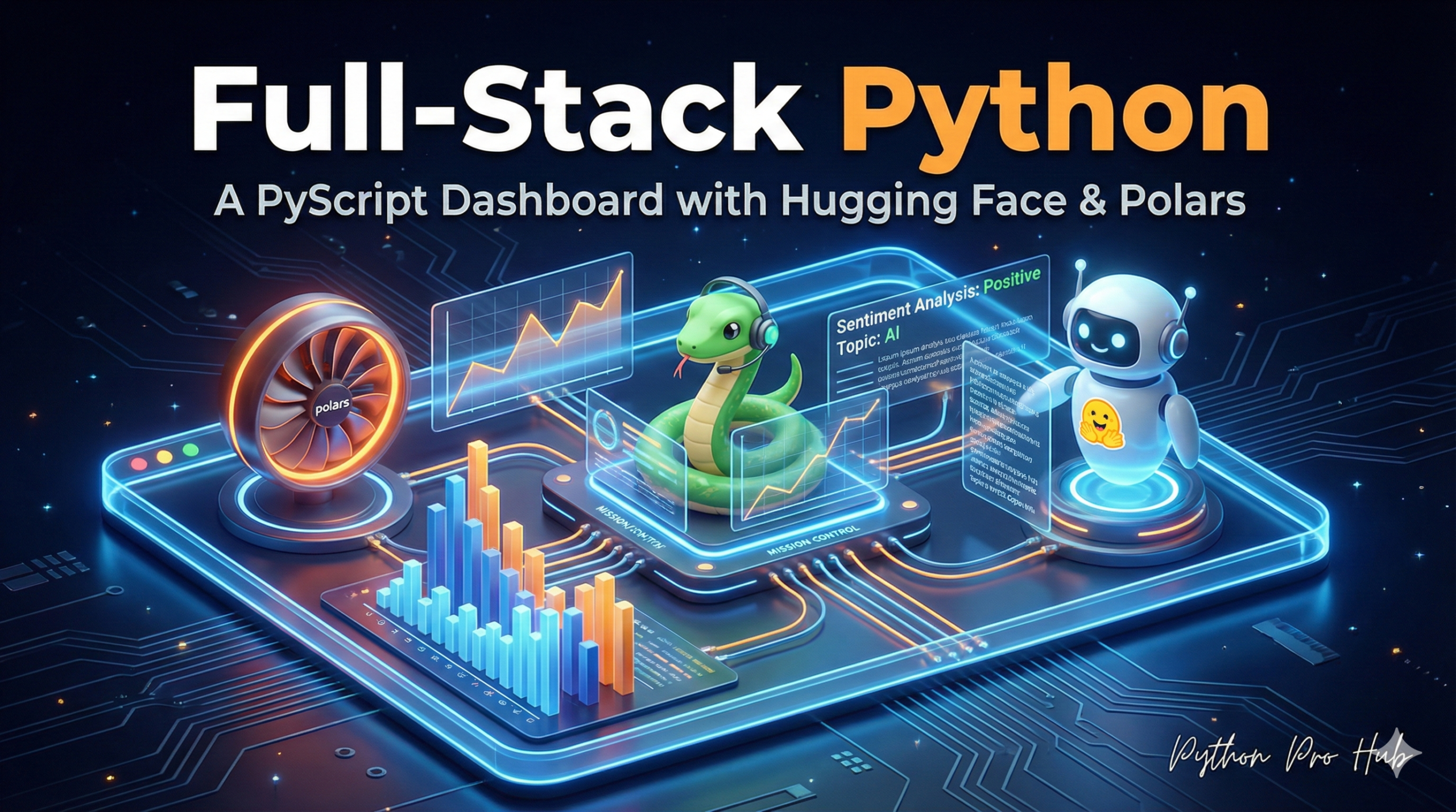 3D isometric illustration of a dashboard powered by Polars, Hugging Face, and PyScript working together inside a browser.
