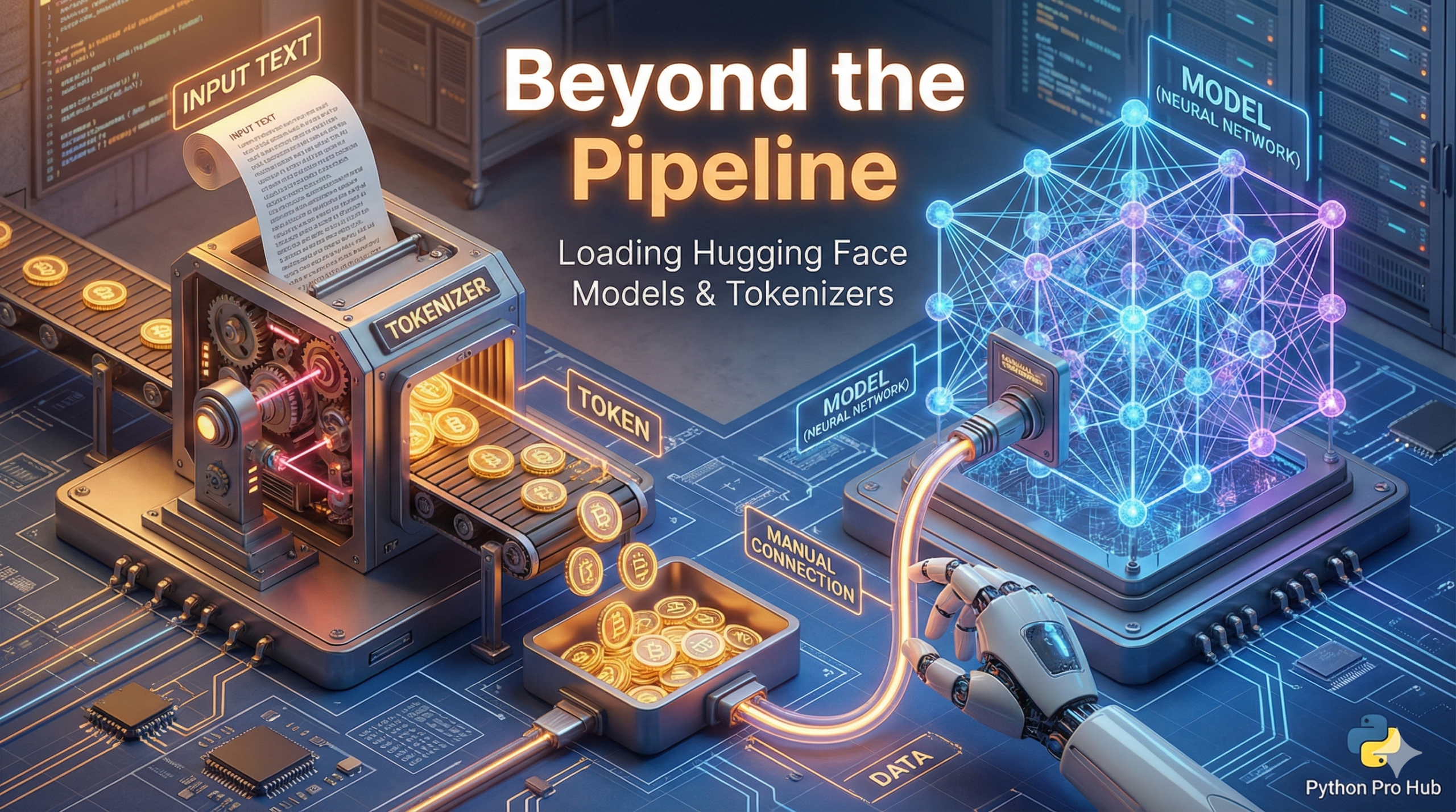 3D visualization of separating the tokenizer machine from the neural network model, representing manual loading of Hugging Face components.