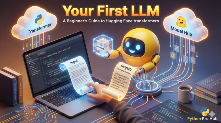 3D visualization of the Hugging Face mascot processing text inputs, representing a beginner's guide to LLMs and transformers.