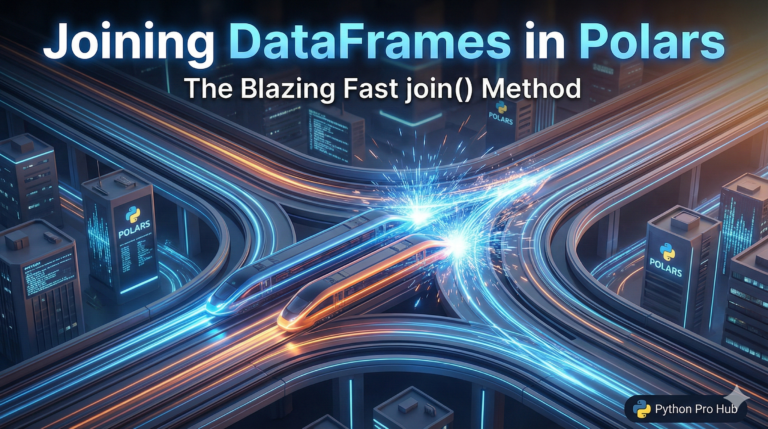 3D isometric visualization of two futuristic trains merging onto a single track at high speed, representing Polars join DataFrames .