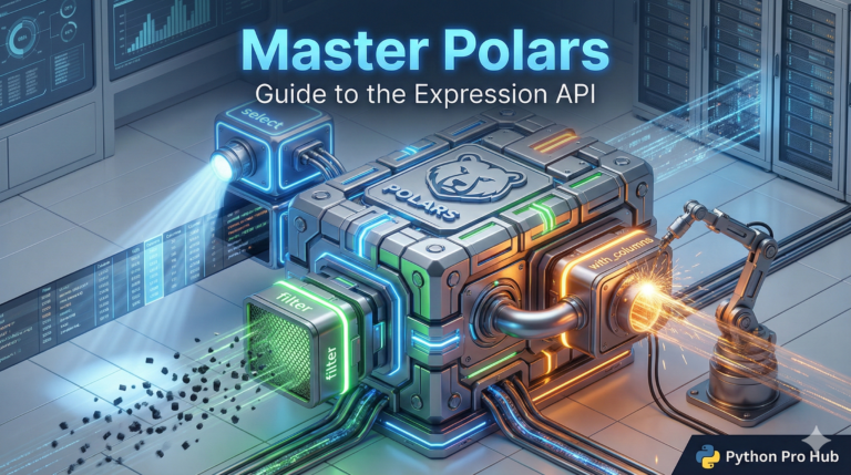 3D isometric illustration of a modular data engine representing Polars select, filter, and with_columns expressions.