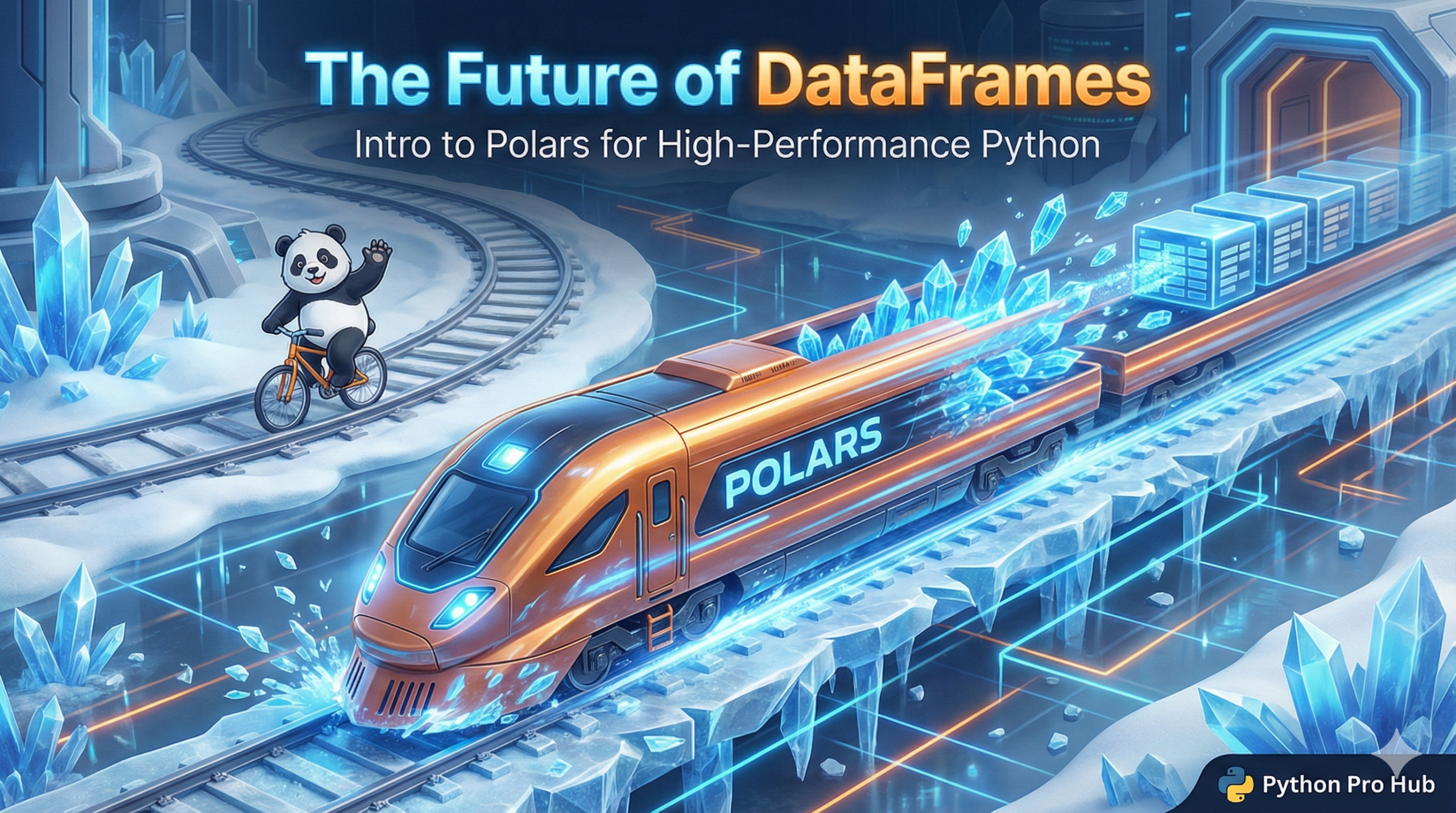 3D isometric illustration of a high-speed Polars train racing past a panda, representing the speed of the Polars library vs Pandas.