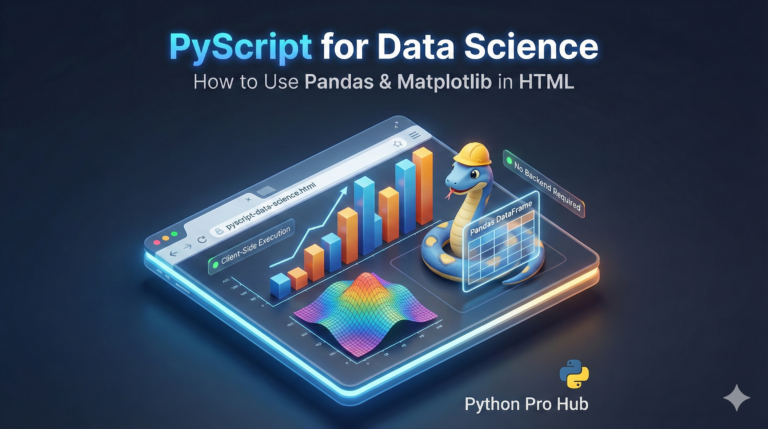 3D isometric illustration of Python data charts and Pandas grids rendering directly inside a web browser window using PyScript.