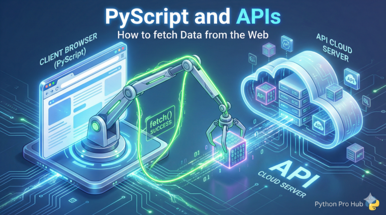 3D isometric illustration of a browser-based crane fetching a data cube from a cloud API, representing PyScript data fetching.