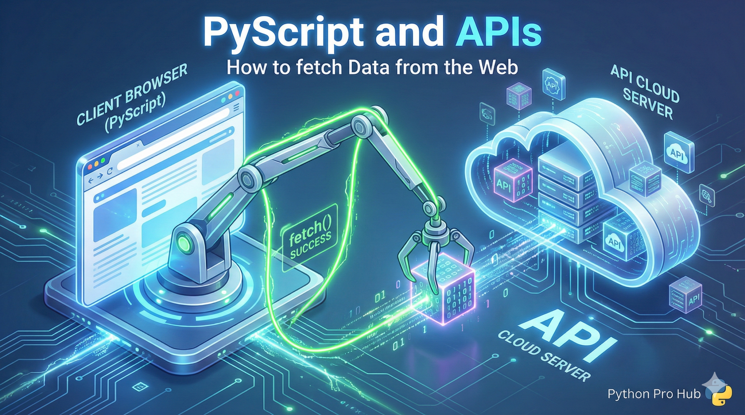 3D isometric illustration of a browser-based crane fetching a data cube from a cloud API, representing PyScript data fetching.