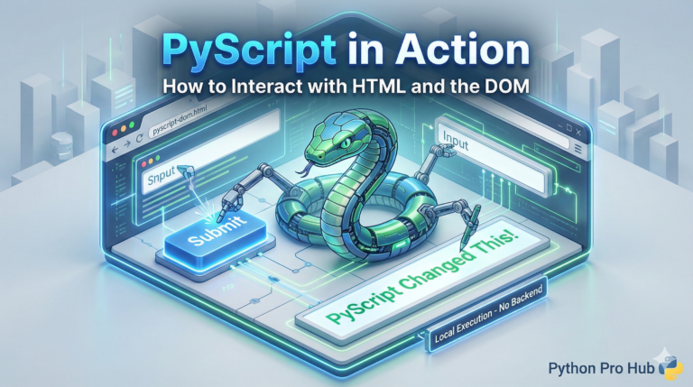 3D isometric illustration of a Python snake inside a browser manipulating HTML buttons and text directly, representing PyScript DOM interaction.