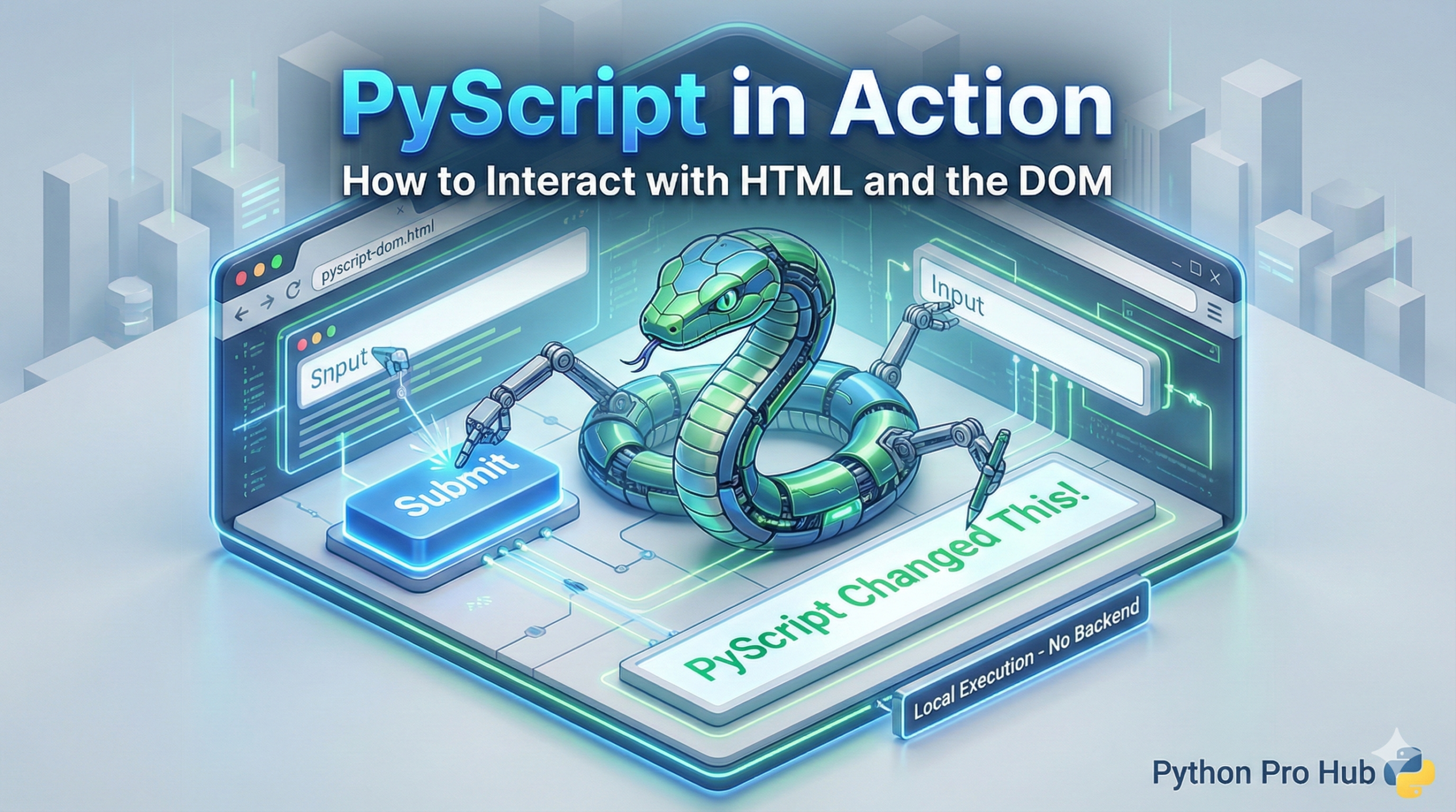 3D isometric illustration of a Python snake inside a browser manipulating HTML buttons and text directly, representing PyScript DOM interaction.
