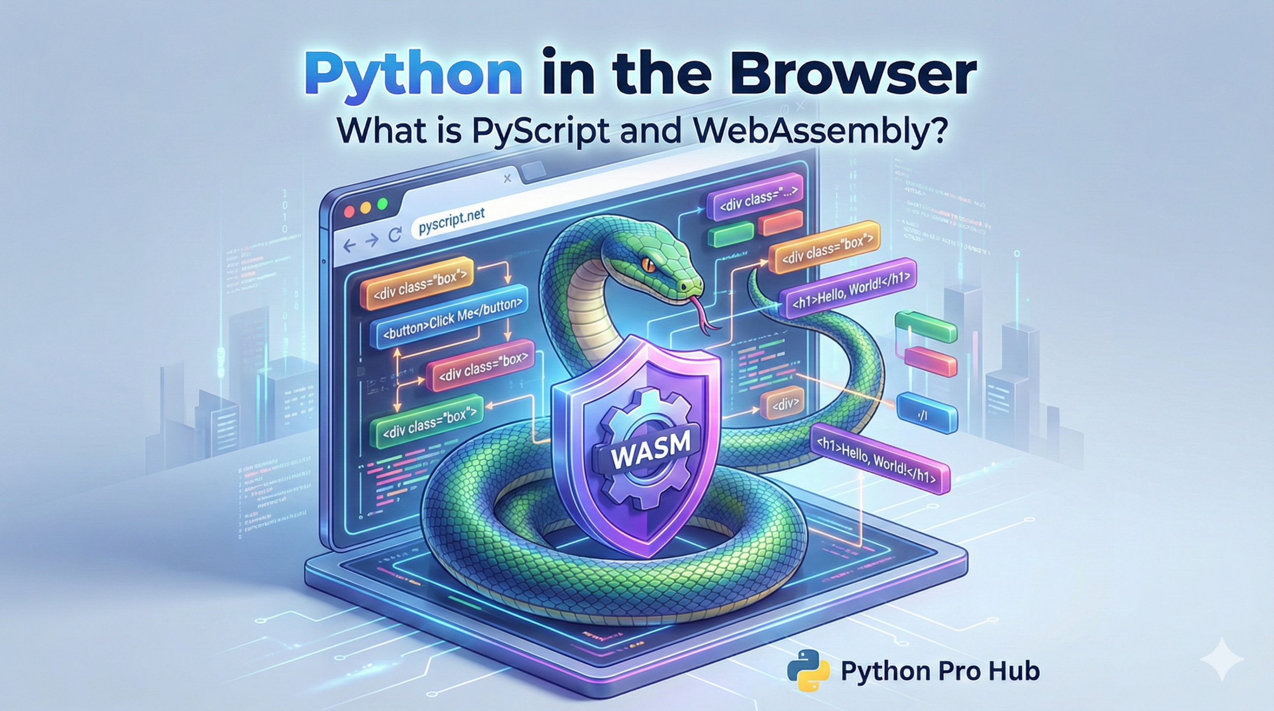 3D illustration of a Python snake living inside a web browser window supported by a WebAssembly gear, representing PyScript.
