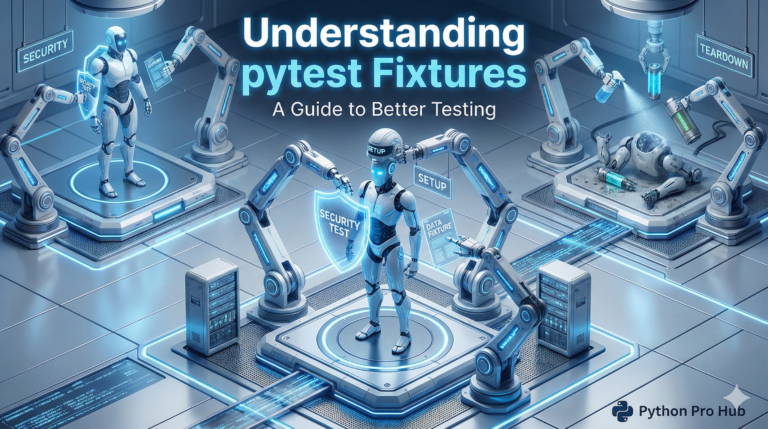 3D isometric illustration of robotic arms prepping a test robot with tools, representing pytest fixtures setting up a test environment.
